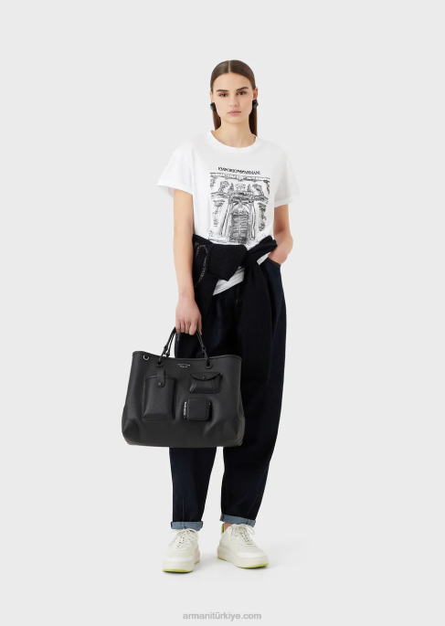 kadınlar Armani via borgonuovo baskılı yamalı organik jarse büyük beden tişört beyaz T8HD456