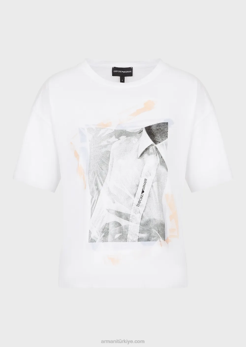 kadınlar Armani yakın plan gömlek baskısı ve işlemeli orta boy organik jarse tişört beyaz T8HD436