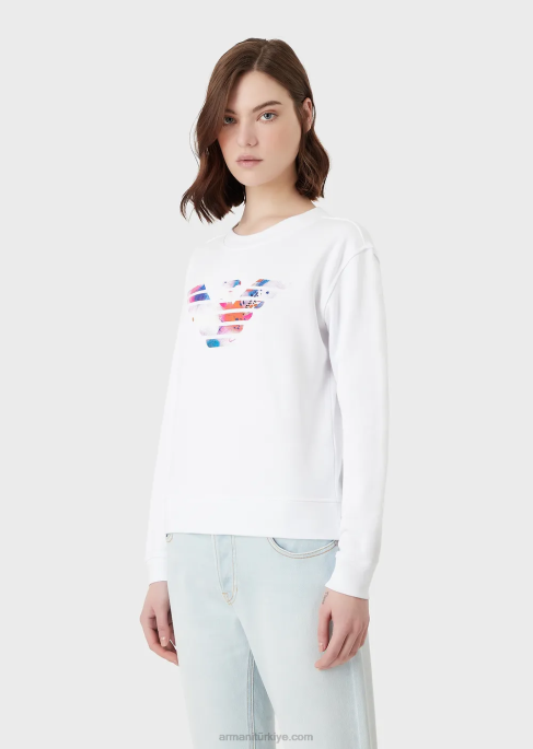 kadınlar Armani Büyük boy kartal desenli organik fransız havlu kumaşı sweatshirt beyaz T8HD418