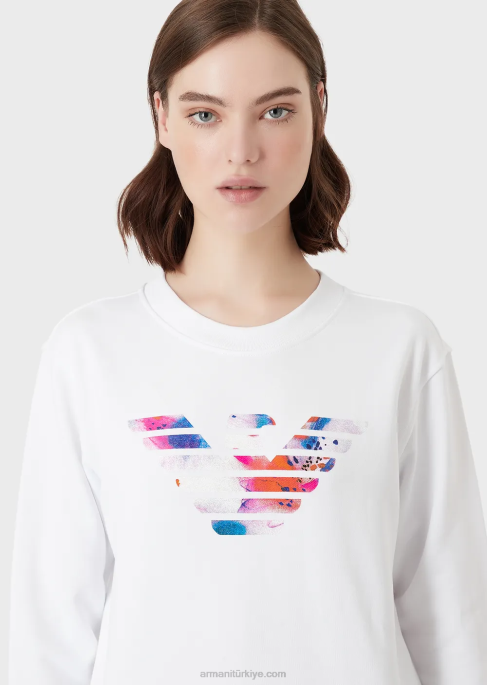 kadınlar Armani Büyük boy kartal desenli organik fransız havlu kumaşı sweatshirt beyaz T8HD418