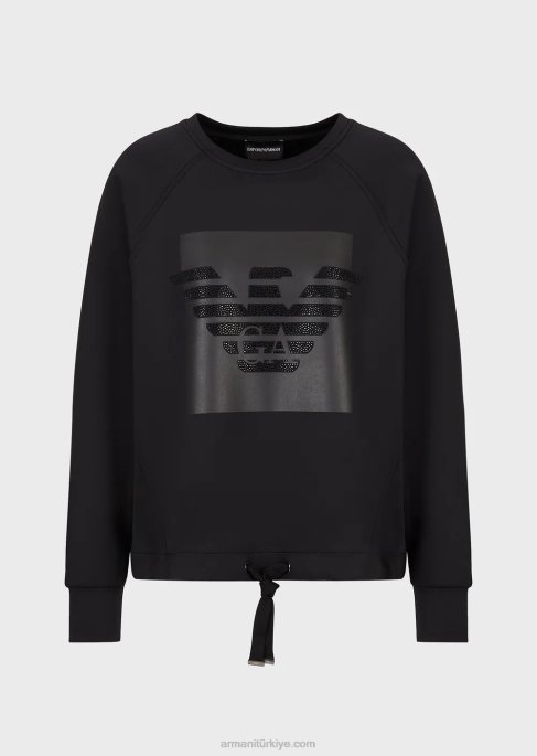 kadınlar Armani büyük boy elmaslı kartal işlemeli scuba kumaştan sweatshirt siyah T8HD421