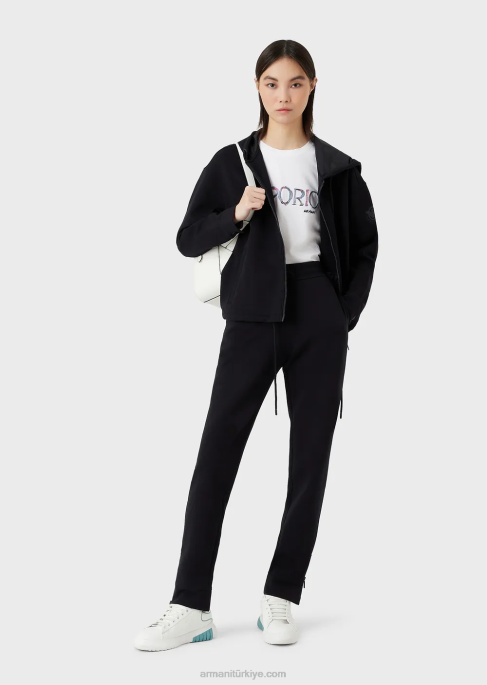 kadınlar Armani Çift jarse, kapüşonlu, fermuarlı, uyumlu kauçuk logolu sweatshirt lacivert T8HD410