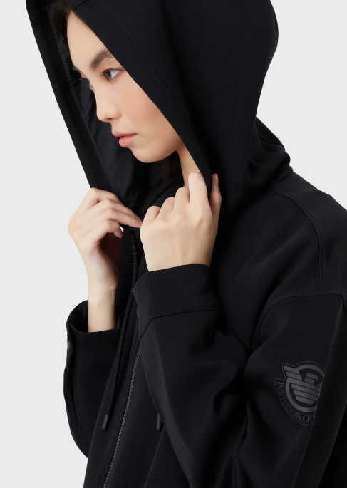 kadınlar Armani Çift jarse, kapüşonlu, fermuarlı, uyumlu kauçuk logolu sweatshirt lacivert T8HD410