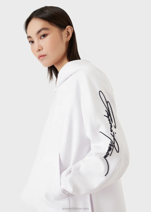 kadınlar Armani kabartmalı imza işlemeli logolu kapüşonlu sweatshirt mor T8HD407