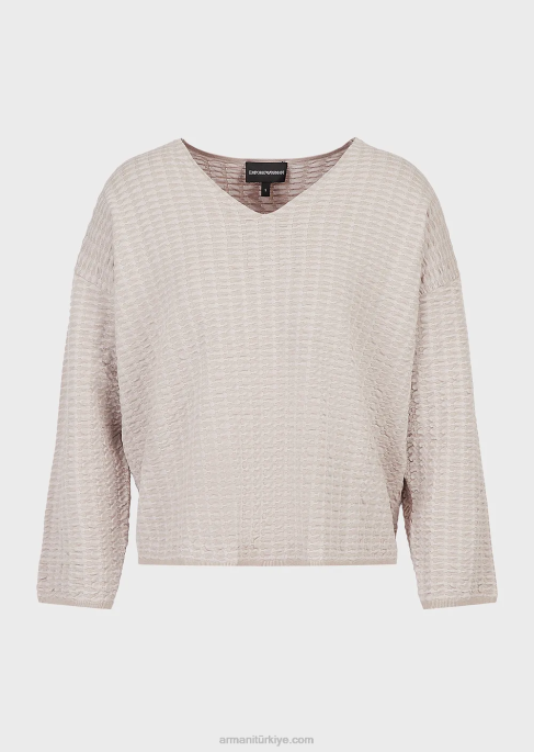 kadınlar Armani 3 boyutlu efektli iki renkli kumaştan v yakalı kazak bej T8HD194