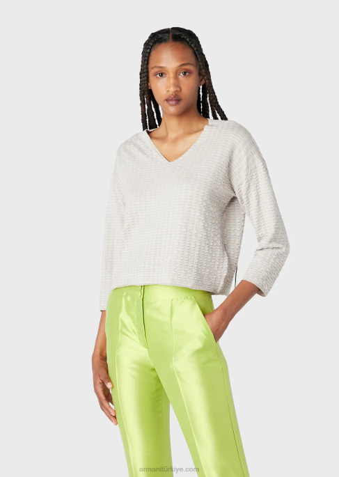 kadınlar Armani 3 boyutlu efektli iki renkli kumaştan v yakalı kazak bej T8HD194