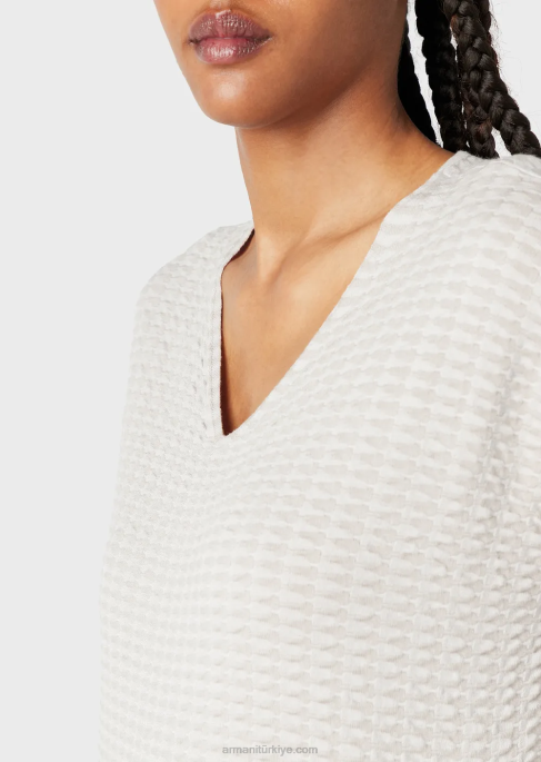 kadınlar Armani 3 boyutlu efektli iki renkli kumaştan v yakalı kazak bej T8HD194