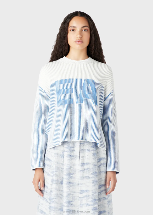 kadınlar Armani Büyük boy logolu, yarım nervürlü süveter mavi logo T8HD189