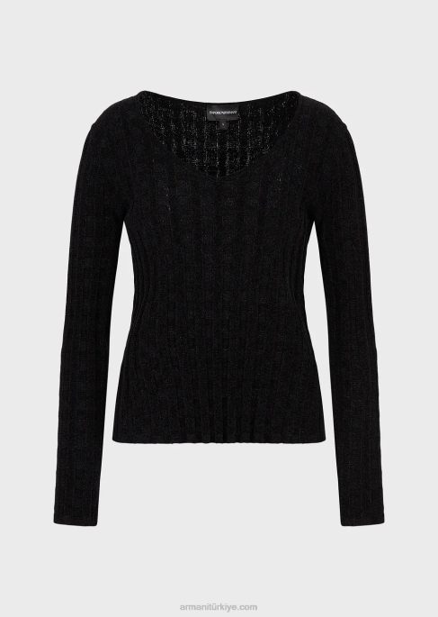 kadınlar Armani Lurex kareli jakarlı kumaştan v yakalı kazak siyah T8HD201