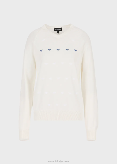 kadınlar Armani kartal işlemeli, v yaka, düz örgü kazakT8HD199