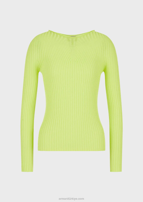 kadınlar Armani streç kumaş çizgili robası ile dikişsiz nervürlü kazak Limon yeşili T8HD208